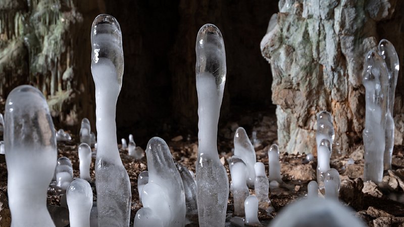 Ice stalagmites in a cave