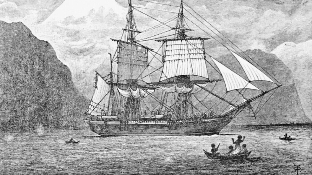 Rappresentazione del brigantino Beagle che attraversa lo stretto di Magellano.
