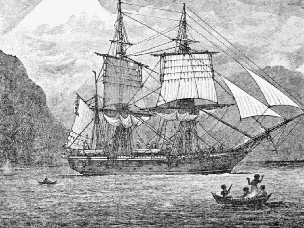 Rappresentazione del brigantino Beagle che attraversa lo stretto di Magellano.