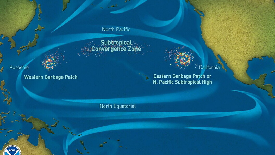Vortice subtropicale del Nord Pacifico con evidenziate le zone di accumulo di rifiuto (Crediti NOAA)