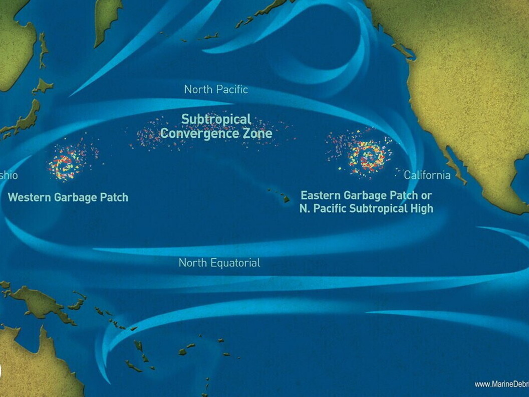 Vortice subtropicale del Nord Pacifico con evidenziate le zone di accumulo di rifiuto (Crediti NOAA)